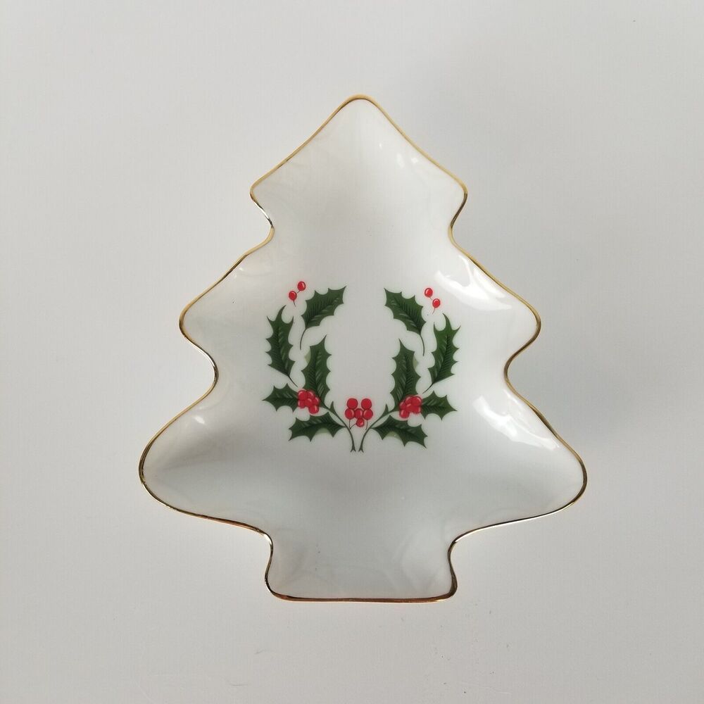 Christmas Tree Trinket Candy Dish Holly Berry Design Japan 6 inch Holiday